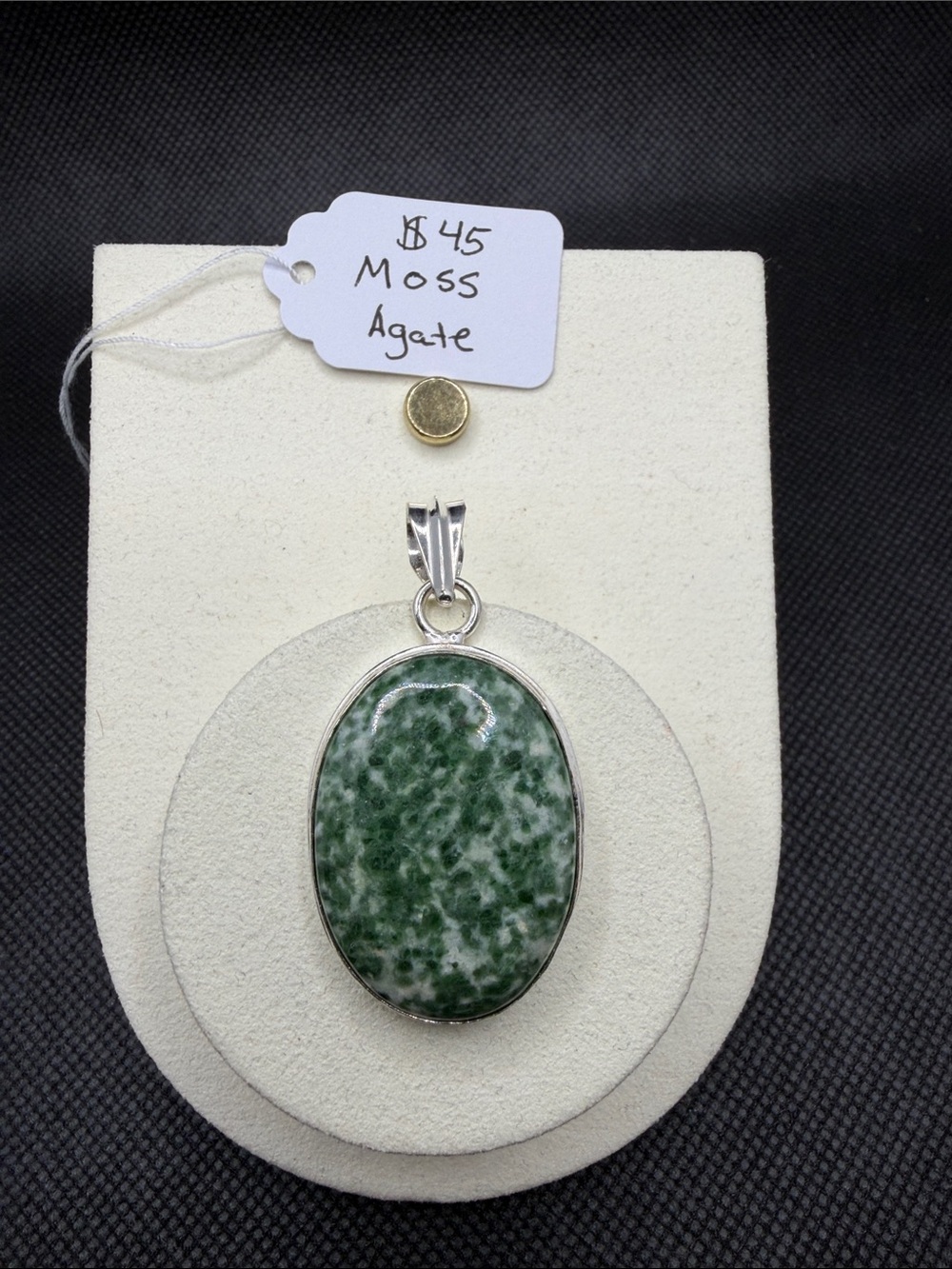 Moss Agate Oval Pendant in Green - Sterling Silver 1.75”